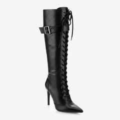 Tuhoomall Fashion Knee-High Boots For Parties, Stylish Pointed Toe With Adjustable Buckle And 9cm Stiletto Heels, Comfortable PU Material, Perfect For All Seasons