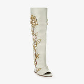 Tuhoomall Over-The-Knee Floral Embellished Heeled Boots for Party and Dance - Stylish Slip-On Design with Rhinestone and Sequin Detail Tuhoomall