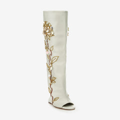 Tuhoomall Over-The-Knee Floral Embellished Heeled Boots for Party and Dance - Stylish Slip-On Design with Rhinestone and Sequin Detail