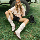 Tuhoomall Cowboy Boots for Women Western Square Toe Mid Calf White Cowgirl Boots Rhinestone Chunky Wedding