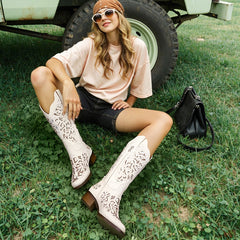 Tuhoomall Cowboy Boots for Women Western Square Toe Mid Calf White Cowgirl Boots Rhinestone Chunky Wedding