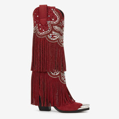 Tuhoomall Western Knee High Boots for Parties, Performances, Fashionable Comfort with Floral Embellishments and Sparkling Details