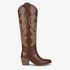 Tuhoomall Western Style Knee High Boots With Rhinestones & Embroidery, Trendy Chunky Heels For Casual Office Wear, All Season Comfort