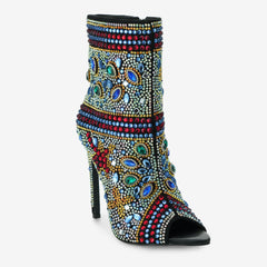 Tuhoomall Stylish Women’s Ankle Boots with Rhinestones, Peep Toe, High Heel for Parties,Trendy and Elegant