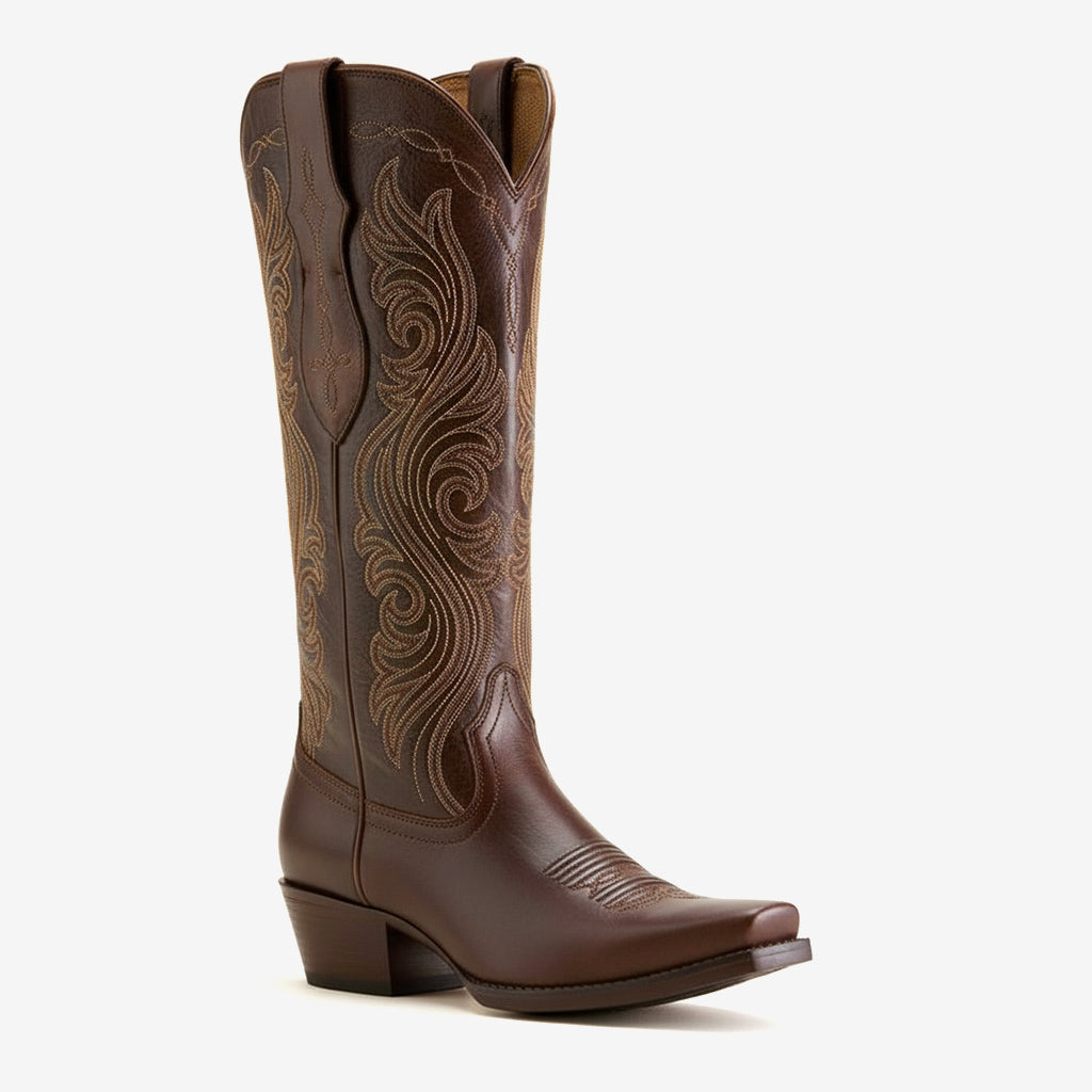Tuhoomall Western Knee High Cowboy Boots for Women, Fashionable Casual Outdoor, Embroidered Design, Chunky Heel, Slip-On Style Tuhoomall