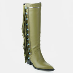 Tuhoomall Western Cowboy Knee-High Boots for Women, Comfortable Suede with Fringe & Metallic Accents, Stylish Block Heel for Outdoor Fashion Tuhoomall