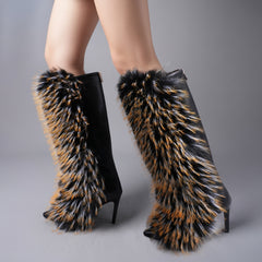 Tuhoomall Western Style Knee-High Fashion Boots - Pointed Toe, 9.5cm Stiletto Heels, Faux Fur for Parties and Performances