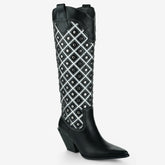 Tuhoomall Western Cowboy Knee High Boots for Fashion, Outdoor, and Casual Wear, Featuring Chic Geometric Patterns and Chunky Heel Design