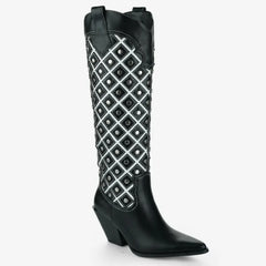 Tuhoomall Western Cowboy Knee High Boots for Fashion, Outdoor, and Casual Wear, Featuring Chic Geometric Patterns and Chunky Heel Design Tuhoomall