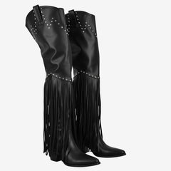 Tuhoomall Over-The-Knee High Heel Boots With Fringes And Studs For Party And Fashion Events