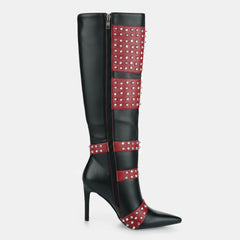 Tuhoomall Stiletto Knee-High Boots with Metallic Studs and Chic Design for Parties and Performances