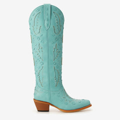 Tuhoomall Western Knee-High Cowboy Boots With Chunky Heel, Stylish Suede , Chic Patchwork Design For Comfort In Casual Outfits Tuhoomall
