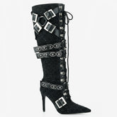 Tuhoomall Rhinestone Knee-High Heeled Boots for Women with Adjustable Strap, Faux Suede Finish and Geometric Pattern, Perfect for Parties and Dances