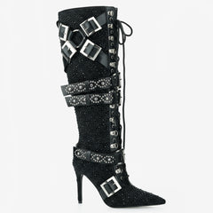Tuhoomall Rhinestone Knee-High Heeled Boots for Women with Adjustable Strap, Faux Suede Finish and Geometric Pattern, Perfect for Parties and Dances