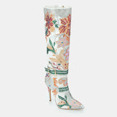 Tuhoomall Knee-High Boots with Floral Rhinestone Accents, Comfortable Chunky Heels for Parties and Performances
