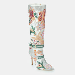 Tuhoomall Knee-High Boots with Floral Rhinestone Accents, Comfortable Chunky Heels for Parties and Performances
