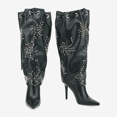 Tuhoomall Knee High Stiletto Boots With Studs And Ruffles For Parties - Elegant Pointed Toe And Adjustable Straps