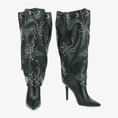 Tuhoomall Knee High Stiletto Boots With Studs And Ruffles For Parties - Elegant Pointed Toe And Adjustable Straps Tuhoomall