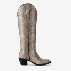 Tuhoomall Western Style Knee-High Boots for Women, Chunky Heel, Animal Print Vegan Leather, Slip-On Design for All Seasons