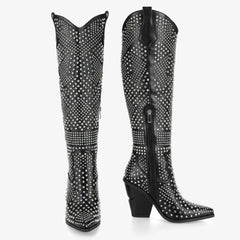 Tuhoomall Knee High Western Boots For Women, Western Style, Pointed Toe, Chunky Heel, Zipper Closure Perfect For Spring, Autumn, Winter Tuhoomall