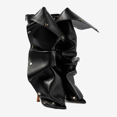 Tuhoomall Mid Calf Stiletto Boots for Women, Pointed-Toe Denim Heels with Button Detail for Fashion Parties and Events