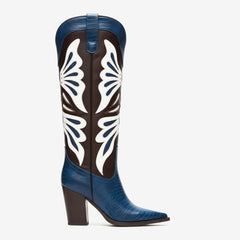 Tuhoomall Fashion Casual Knee-High Boots with Embroidery, Lizard Pattern Chunky Heel for Travel, Work, Party and Evening Wear