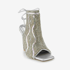 Tuhoomall Stylish High Heel Open-Toe Ankle sandals with Rhinestones for Party and Performance, Chunky Design and Lace-Up Closure, Perfect for All Seasons