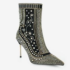 Tuhoomall Stylish Short Ankle Boots With Zipper, Rhinestones And Studs For Parties, Performances, And Fashion Events