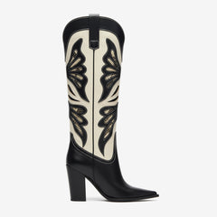 Tuhoomall Fashion Casual Knee-High Boots with Embroidery, Lizard Pattern Chunky Heel for Travel, Work, Party and Evening Wear