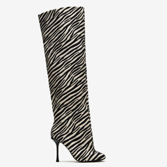 Tuhoomall Over-The-Knee High Heels Boots for Party, Runway Performance, Vegan-Friendly with Striped and Zebra Patterns Tuhoomall
