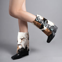 Tuhoomall Chic Western Foldable Ankle Boots with Chunky Heel and Animal Print for Performance and Casual Wear