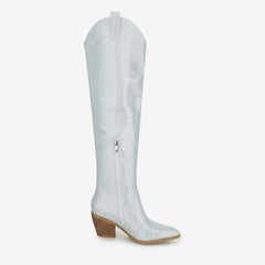 Tuhoomall Western Over-Knee Cowboy Boots With Chunky Heel, Rhinestone-Studded Vegan Leather, Casual All-Season Style, Round Toe, Zipper Closure