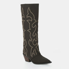 Tuhoomall Western Style Floral Embellished Women's Mid-Calf Boots with Chunky Heel for Fashionable Outdoor Casual Wear