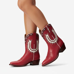 Tuhoomall Stylish Women's Ankle Boots with Embroidery and Laser Cut Out, Perfect for Parties and Performances, Comfortable Chunky Heel Design