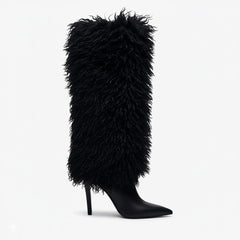 Tuhoomall Knee High Chunky Heeled Boots, Animal Cruelty Free, Elegant Party and Runway Style, Solid Faux Fur Design Tuhoomall