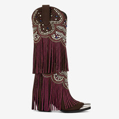 Tuhoomall Western Knee High Boots for Parties, Performances, Fashionable Comfort with Floral Embellishments and Sparkling Details