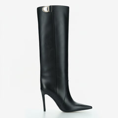 Tuhoomall Knee-High Stiletto Boots for Women - Comfortable PU Leather, Stylish Pointed Toe, Chic Metallic Accents