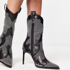 Tuhoomall Stiletto Ankle Boots With Rhinestone Applique, 3.94in Heel, Pointy Toe, Chic For Parties And Casual Outings, All-Season Wear