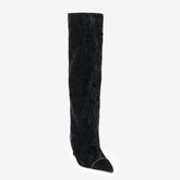 Tuhoomall Style Over Knee Boots for Parties and Performances - Comfortable Vintage Design with Zipper, 8cm Wedge Heel, and Distressed Velvet Finish