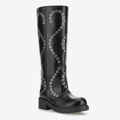 Tuhoomall Comfortable Knee-High Boots with Geometric Patterns, Low Heel, Perfect for Performances and Casual Fashion