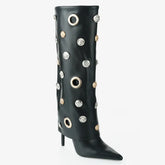 Tuhoomall Stylish Knee-High Women's Boots with Pointed Toe, Hollow Design and Metal Accents for Parties, Performances and Fashion Events Tuhoomall