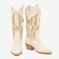 Tuhoomall Stylish Embroidered Knee High Boots, Suede Material, Low Chunky Heel, Perfect for Parties and Everyday Wear