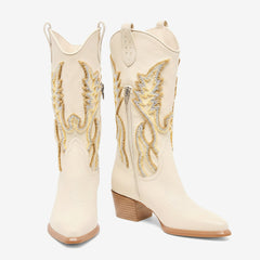 Tuhoomall Stylish Embroidered Knee High Boots, Suede Material, Low Chunky Heel, Perfect for Parties and Everyday Wear Tuhoomall