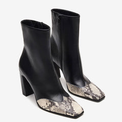 Tuhoomall Fashion Casual Ankle Boots with Chunky Heel, Zip Closure, Snake Pattern for Everyday and Work Wear, Stylish Short Boots