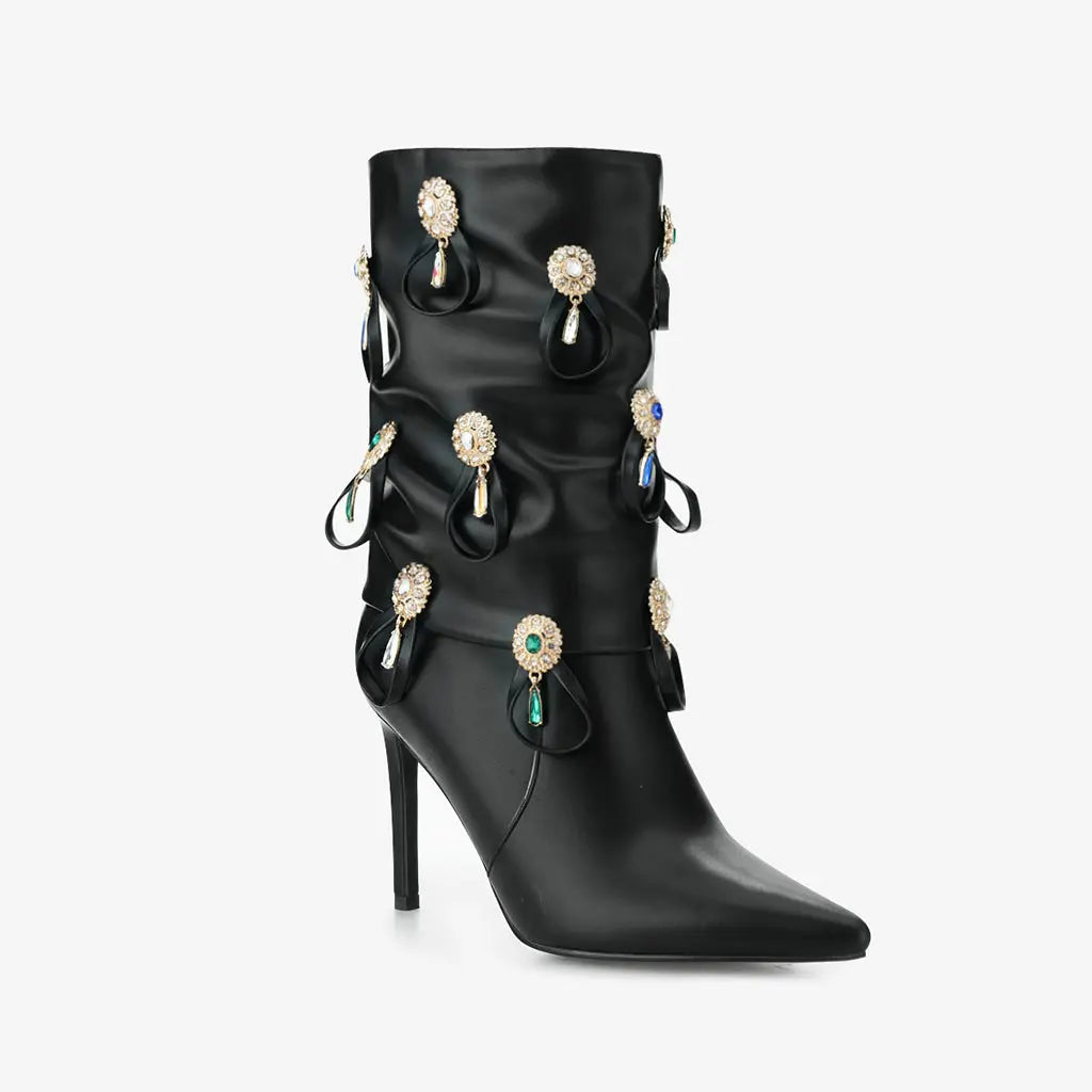 Tuhoomall Ankle Boots for Women, Casual Wrinkled Booties, Glamorous Rhinestone and Metallic Buckle Design, Perfect for Outdoor Fashion Tuhoomall