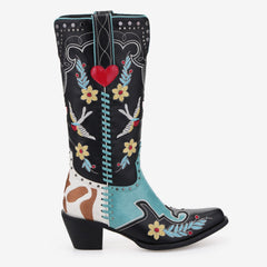 Tuhoomall Western Floral Embroidery Mid-Calf Boots - Trendy Slip-On Style for Parties and Performances, Comfortable Rubber Sole