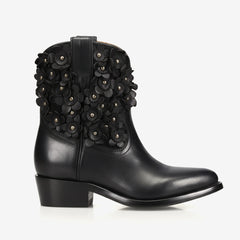Tuhoomall Fashionable Ankle Boots for Women with Floral Stud Detail, Comfortable Chunky Heel, Perfect for Casual and Work Wear All Year Round