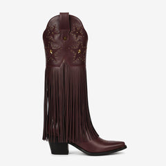 Tuhoomall Comfortable Western Knee-High Boots with Fringe and Studs for Fashion, Party, and Performance - 7.5cm Chunky Heel, All-Season Wear