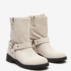 Tuhoomall Western Cowboy Ankle Boots for Women, Vintage Chunky Heel Booties, Easy Slip-On Design, All-Weather Comfort with Metal Buckle Detail