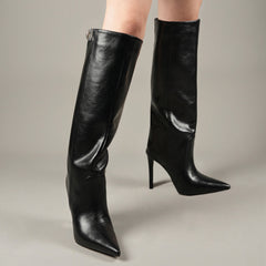 Tuhoomall Knee-High Stiletto Boots for Women - Comfortable PU Leather, Stylish Pointed Toe, Chic Metallic Accents